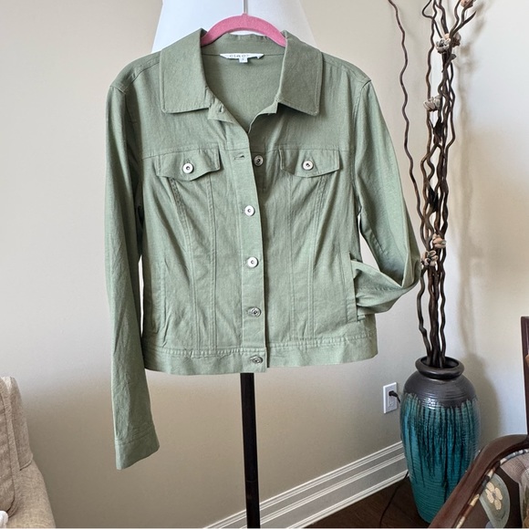 Olive Green khaki Jean Jacket Linen Blend Women’s Size Small Cleo - Picture 3 of 8